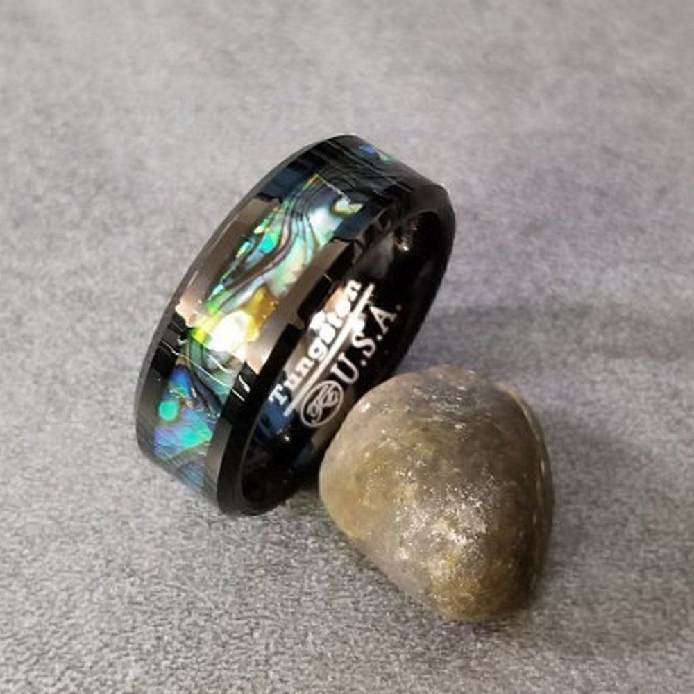 Men's Real Black Tungsten Wedding Ring With Abalone Shell Inlay - Picture 9 of 11